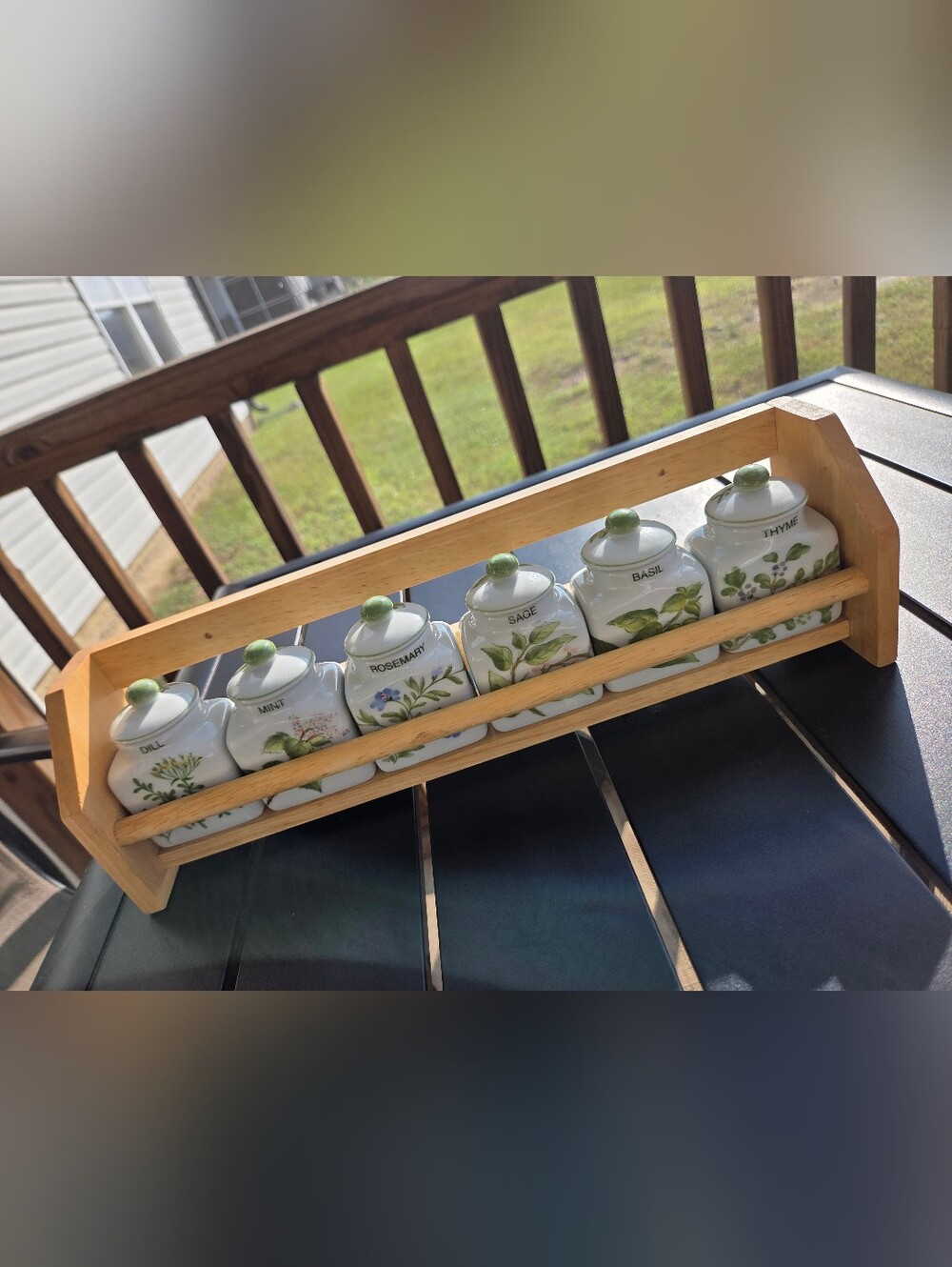Vintage Porcelain Spice Jars with Rack Andrea by Sadek 6 Handpainted Jars